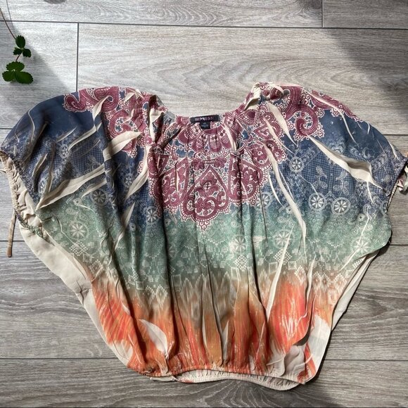 Impress Boho Print Dolman Sleeve Elastic Waist Hem Lightweight Blouse - Picture 6 of 16